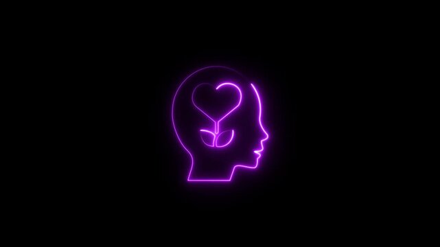 Neon human head silhouette with growing heart plant symbol for mental health and mindfulness concept
