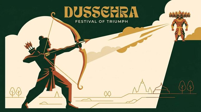 Dussehra Festival Illustration of Lord Rama Shooting Arrow at Ravan Symbolizing Victory of Good Over Evil
