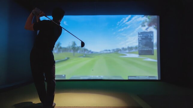 Golfer practicing swing in virtual setting.