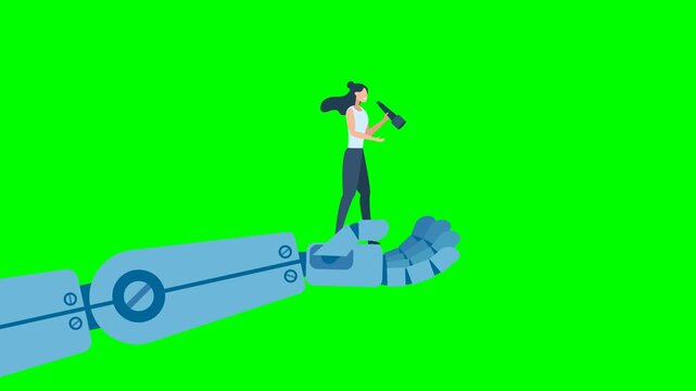 Robot holding a businesswoman with a telescope, helping her to look further ahead. Business woman analyst use telescope climb up. AI technology futuristic, AI. 2d flat animation. Alpha channel