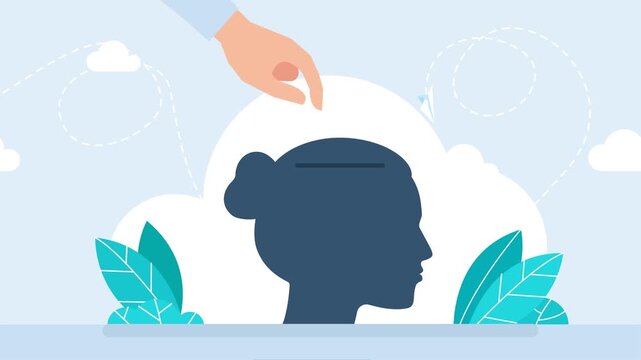Thoughts enter the brain. Propaganda. Silhouette of woman`s head. Sideways. Influence of others on a person's thinking. Thinking and opinion of internal voice. Seeking answer. 2d flat animation