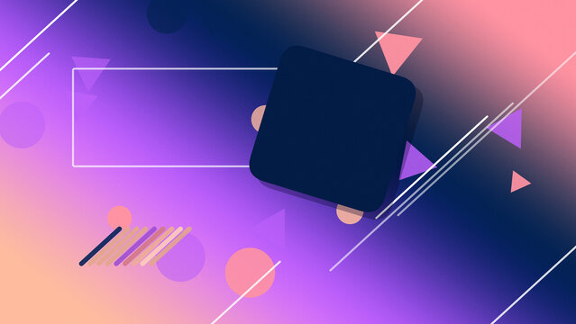 A vibrant abstract arrangement features a tilted navy block, colorful triangles, circles, and diagonal strokes over a glowing purple and pink gradient for digital design projects.