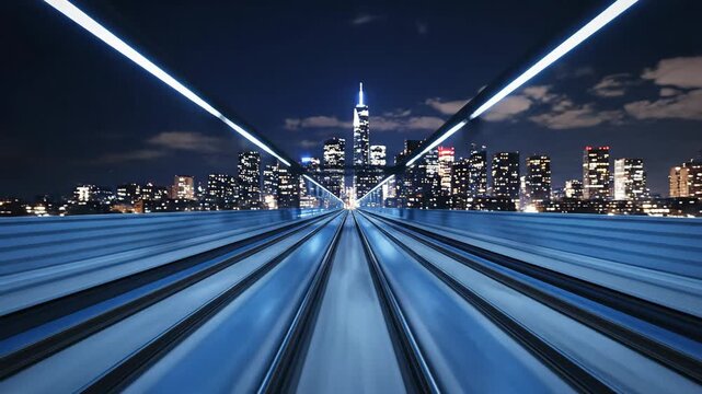 Night cityscape with futuristic speeding light trails and abstract design