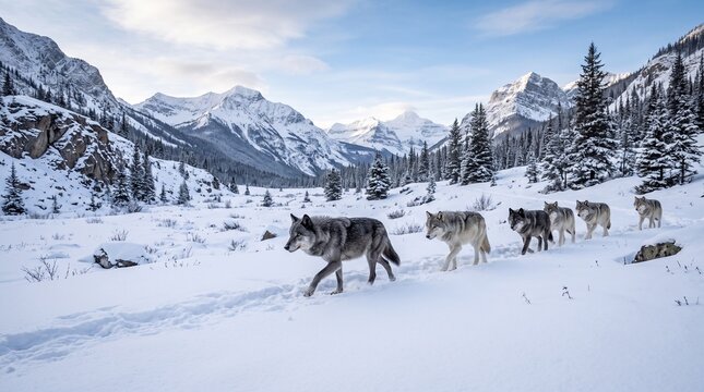 Gray wolf pack walking through snowy mountain valley, wild wolves migrating in winter landscape, majestic predators in alpine wilderness
