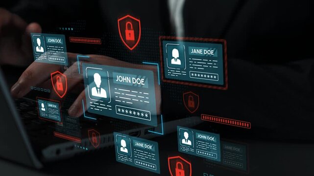 Digital security concept with user identity verification, authentication process, and abstract technology interface visualized on a laptop screen in modern office environment. Entropy.