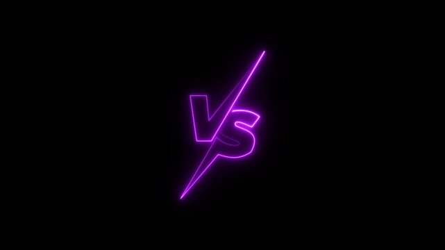 Neon purple vs versus sign glowing animation on black background, for competitive gaming, and sports duel