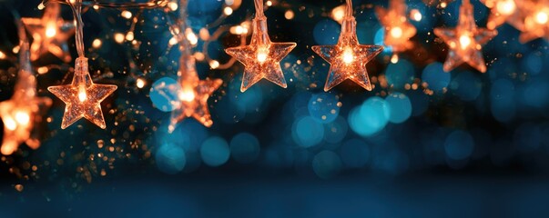 Obraz premium Hanging glowing star-shaped lights with bokeh effect creating a warm, festive ambiance against a dark blue background.