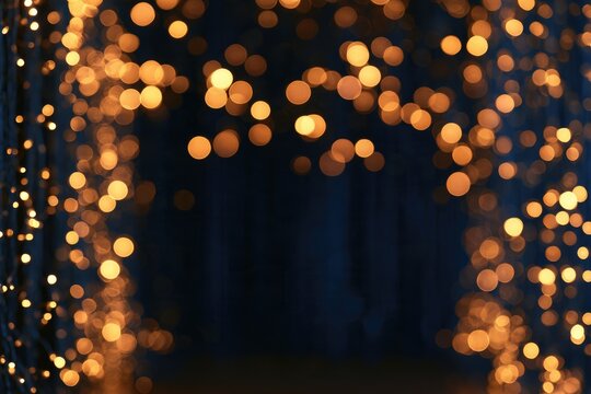 Golden bokeh lights create a warm, festive, and magical ambiance against a dark background.