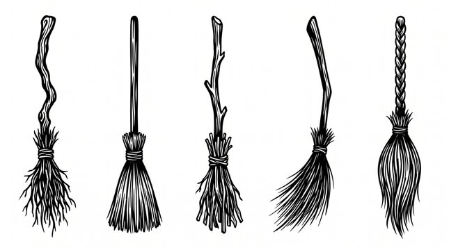 Set Of Five Black And White Witch Brooms Vector Illustration Isolated On White Background