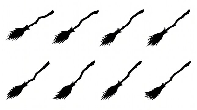 Set Of Eight Black Witch Brooms Silhouettes Isolated On White Background