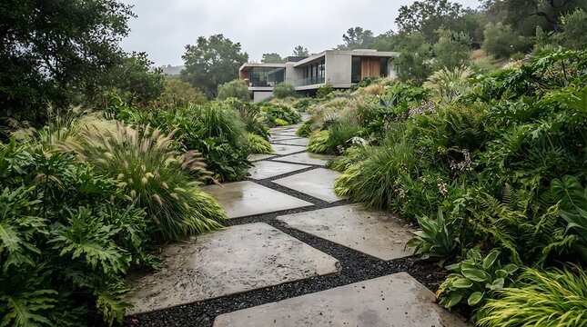 A modern house on a hillside with a winding concrete and gravel pathway surrounded by lush green plants and trees under an overcast sky.