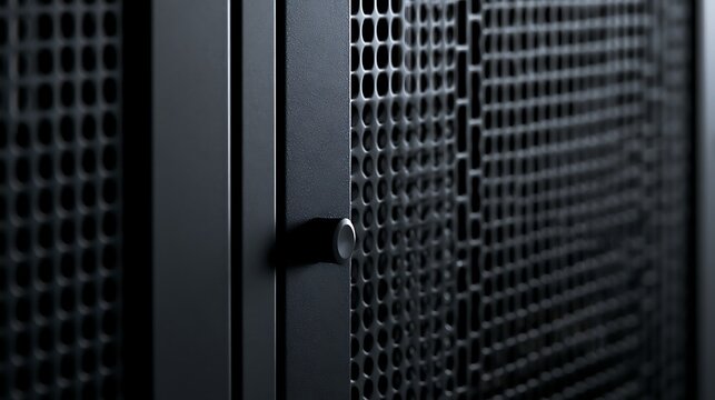 Close up view of a secure server rack cabinet door with a locking mechanism.