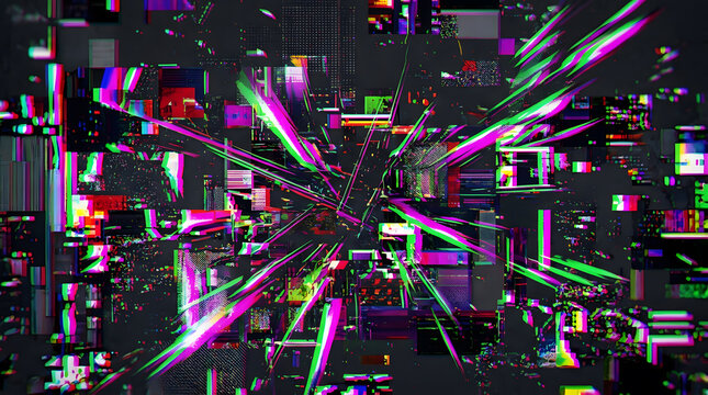 Abstract digital glitch art background | Cyberpunk neon light explosion texture | Colorful pixelated data distortion pattern | High tech futuristic system error aesthetic