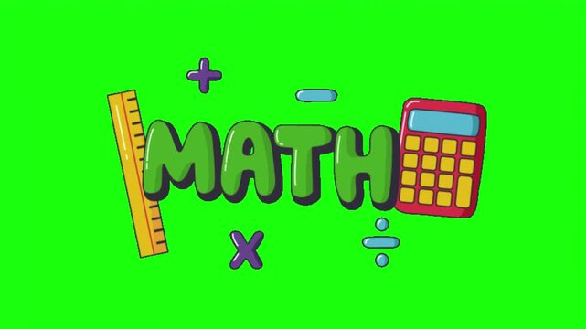 Math typography text with ruler and calculator vector isolated on bright green screen background.