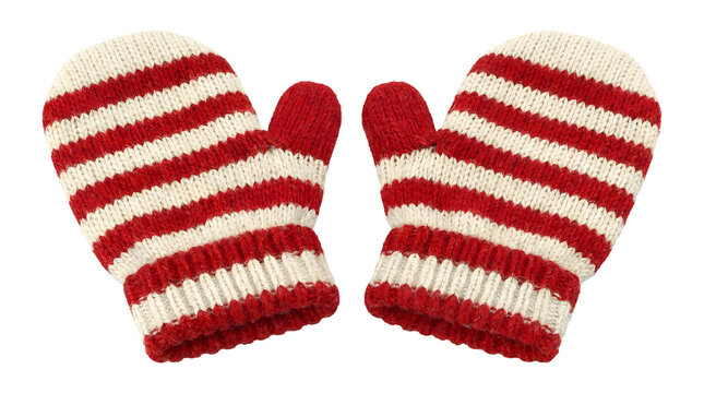 A pair of cozy red and white striped knitted mittens isolated on a black background