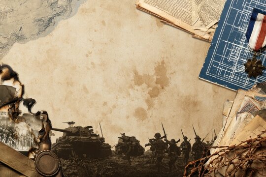 A vintage war scene with silhouettes of soldiers and tanks, surrounded by old blueprints, maps, and burnt paper on a textured background.