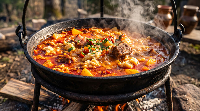 Hyper Realistic 9K Low Hero Angle Close Up Transcarpathian Bograch Spicy Beef Paprika Stew Food Photography