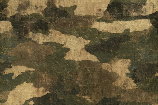 Vintage military camouflage pattern with distressed textures in shades of green, brown, and beige on a rough fabric surface.