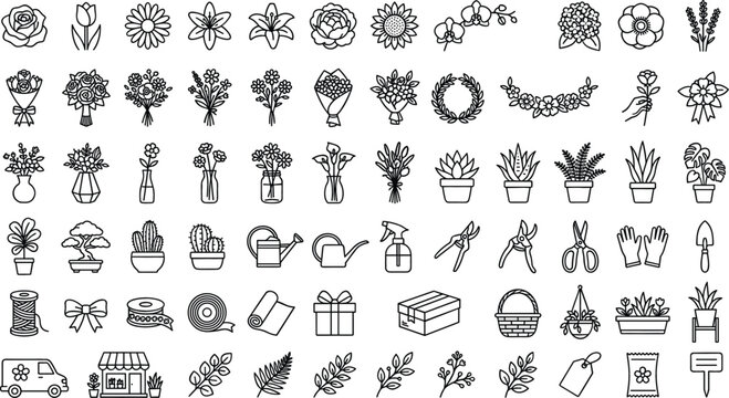 Minimalist black and white florist outline icon set featuring flowers bouquets vases houseplants gardening tools and delivery shop signs isolated on white background