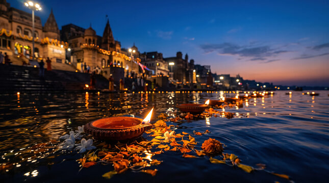 Floating Diya Oil Lamps with Flowers on Ganges River Varanasi Ghat at Sunset Evening Twilight Hindu Festival Dev Deepawali Travel Banner Website