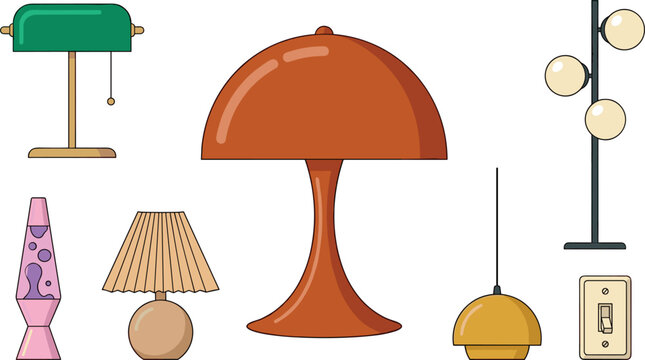 Retro Vintage Table Lamp and Interior Home Lighting Vector Icon Set Featuring Mid Century Modern Mushroom Lamp, Bankers Light, and Lava Lamp Elements