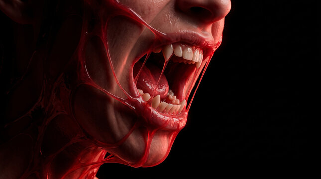 Vampire blood drinking Halloween portrait with open mouth and sharp teeth. Horror fear evil dracula monster. dark gothic fantasy mystery night, elegant wine party