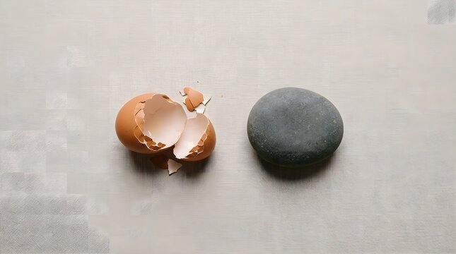 Conceptual Flat Lay of Broken Brown Eggshell and Solid Grey Stone Representing Fragility and Strength Contrast.