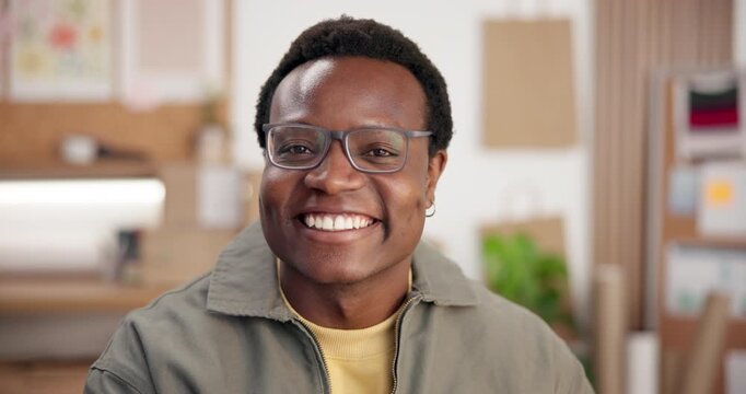 Logistics, face and supplier in office with smile, courier career and pride in distribution industry. Happy, confidence and black man with portrait, inventory coordinator and about us in supply chain