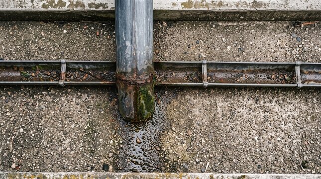 Rusty drain pipe and metal gutter system. Damaged downspout leaking water on concrete surface
