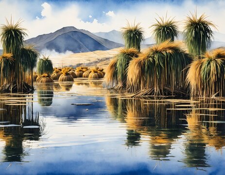 Expressive watercolor fine art painting of Floating totora reed islands on high altitude Lake Titicaca