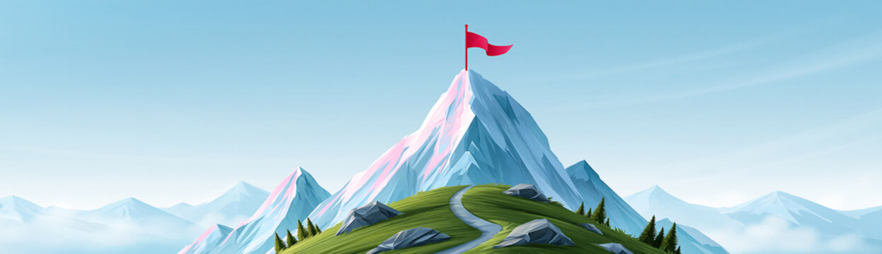 A winding path leads up a green mountain peak with a red flag at the summit, surrounded by distant snowy mountains under a clear blue sky.