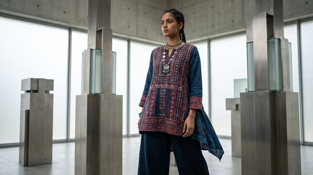 Young woman in patterned dress walks through modern building security checkpoint