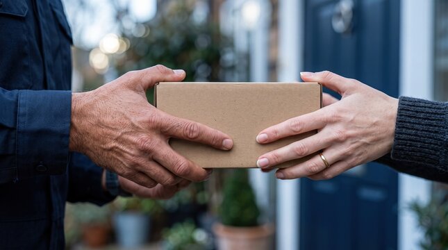 Courier handing over a cardboard package to a customer at the front door