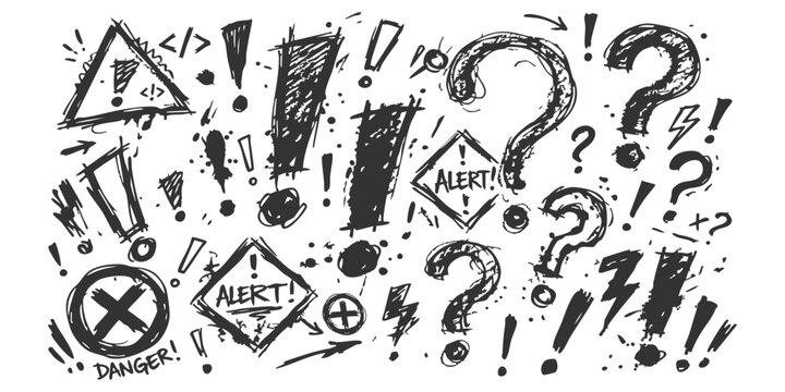 Set of hand drawn sketch signs including exclamation marks question marks danger symbols and alert warning icons