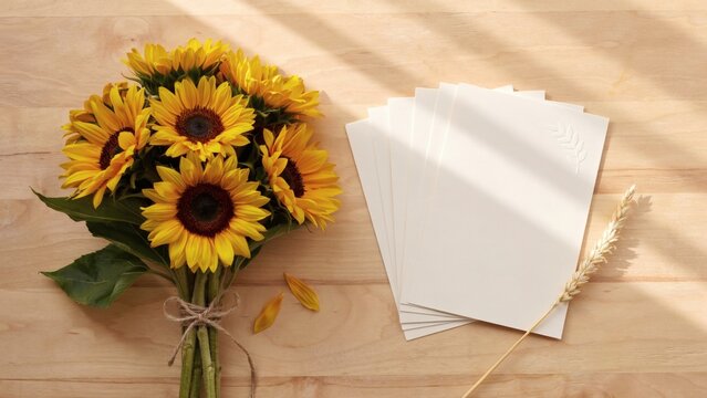 A bouquet of yellow sunflowers and blank white greeting cards on a wooden surface background with stationery cards arranged natural sunlight shadows