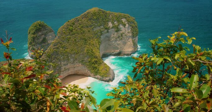 Lush greenery and dramatic rocky cliff seascape at Kelingking beach Nusa Penida