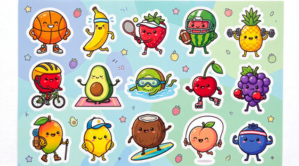Fototapeta premium Set of cute fruit characters doing various sports and outdoor activities with sports theme active fruits funny food art