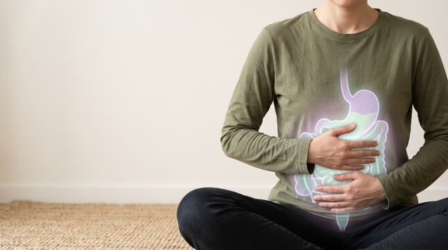 Woman sitting cross-legged holding stomach with glowing digestive system overlay, illustrating gut health, abdominal pain, digestion issues and internal wellness concept