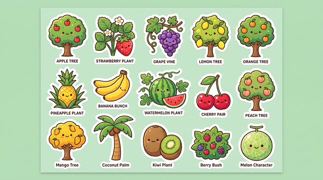 Educational set of cute fruit characters shown with their respective trees and plants nature illustration educational graphics