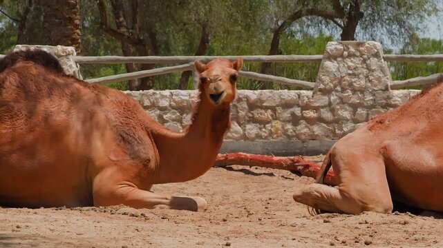 Multiple camels rest, stand, walk in sandy corral with stone walls, wooden fencing, trees. Daylight, natural setting, wide shots capture animal behavior progression.