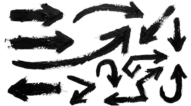 Set of various hand-drawn brush stroke arrows in black charcoal style with charcoal