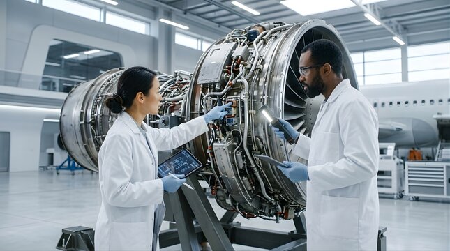 Diverse engineers inspecting aircraft engine in modern aviation workshop