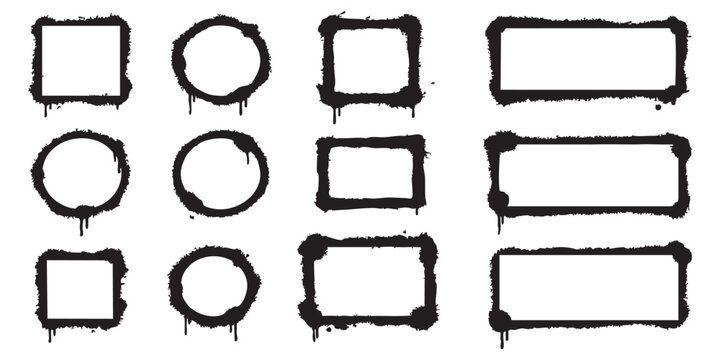 Set of black spray paint graffiti frames with circles squares and rectangles for urban street art designs