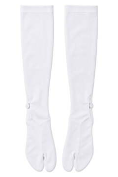 Unisex long tabi sock pair, cotton knit, white, split toe and side button fastening. Product shot isolated on white background for hosiery retail.