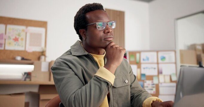 Ecommerce, man and thinking in business with laptop, idea and check customer database for logistics. Black person, vision and sales stats in retail company with computer, typing report and forecast.