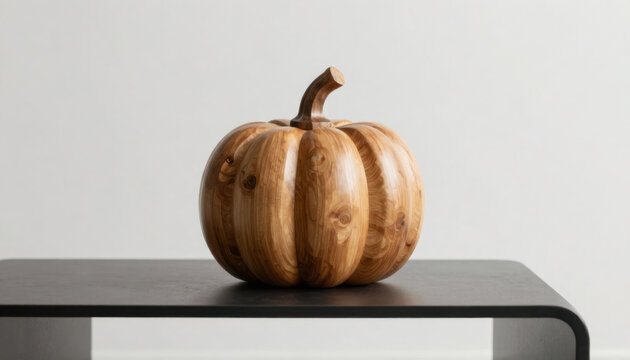 handcrafted wooden pumpkin with natural grain texture and stem on modern black table against neutral background