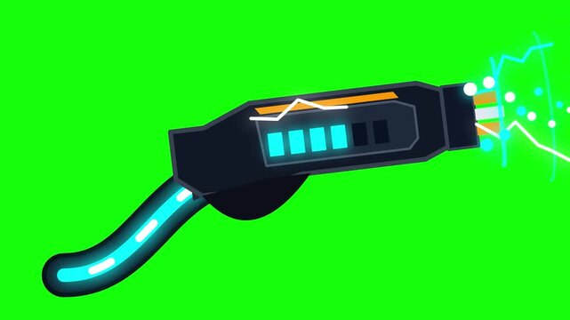 Futuristic sci-fi laser blaster gun weapon firing energy beam effects on green screen background. 2D vector style game asset animation.