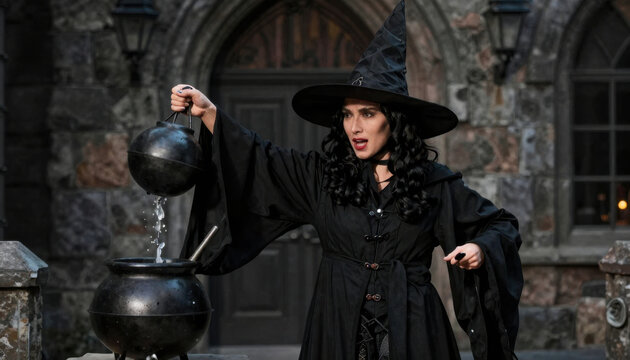 A witch in a black robe pouring potion from a cauldron in front of a stone gothic building