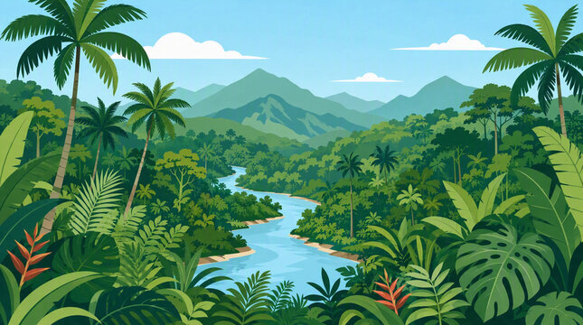Tropical rainforest landscape with a winding river, palm trees, and mountains in flat vector style.