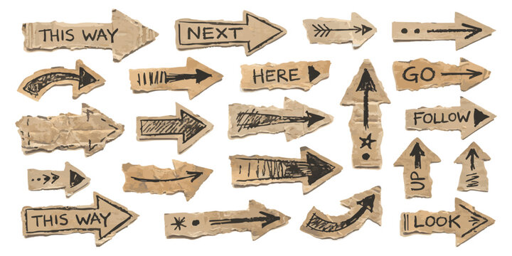 Set of hand drawn sketch arrows with text labels like next here go follow up and look for design projects